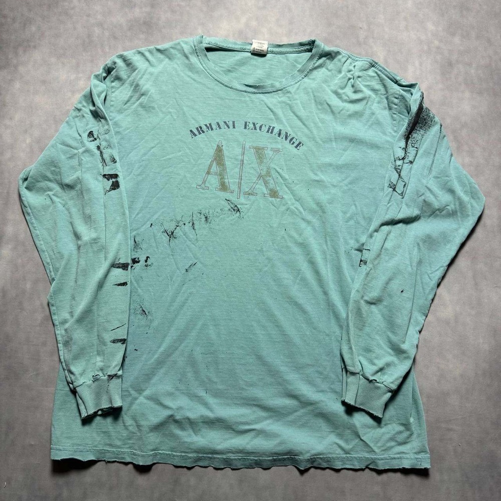 Armani Exchange Long Sleeve Tee Mens XL Teal Fair Distressed Grunge Graphic